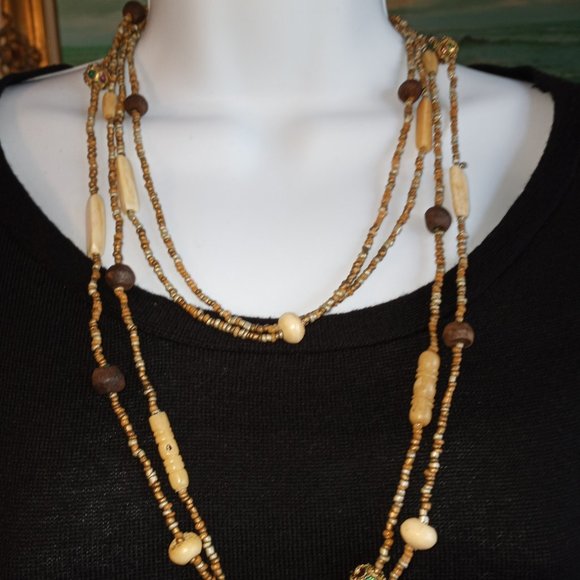 Two Strand Necklace Bone Maroon Green Gold Silver EUC 46" Necklace-Item #90 - Picture 2 of 2